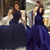 Halter Navy Blue Mermaid Tulle Evening Dress Beading Prom Dresses BA0564