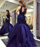 Halter Navy Blue Mermaid Tulle Evening Dress Beading Prom Dresses BA0564