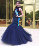 Halter Navy Blue Mermaid Tulle Evening Dress Beading Prom Dresses BA0564