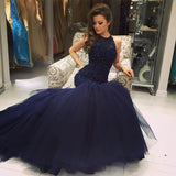 Halter Navy Blue Mermaid Tulle Evening Dress Beading Prom Dresses BA0564