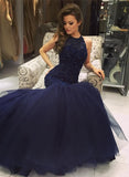 Halter Navy Blue Mermaid Tulle Evening Dress Beading Prom Dresses BA0564