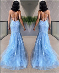 Halter Sky Blue Tulle Lace Appliques Mermaid Prom Dresses Long