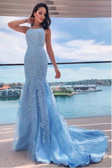 Halter Sky Blue Tulle Lace Appliques Mermaid Prom Dresses Long