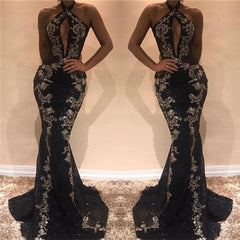 Halter Sleeveless Sexy Evening Dresses | Black Shiny Keyhole Prom Dress with Lace Appliques