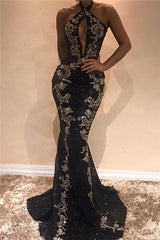 Halter Sleeveless Sexy Evening Dresses | Black Shiny Keyhole Prom Dress with Lace Appliques