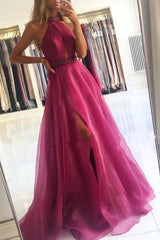 Halter Tulle A-line Evening Maxi Dress Side Slit