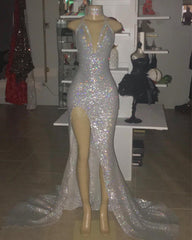 Halter V-neck Silver Sequins Prom Dress With Split Evening Dress BC0633