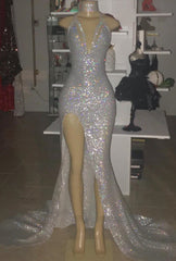 Halter V-neck Silver Sequins Prom Dress With Split Evening Dress BC0633