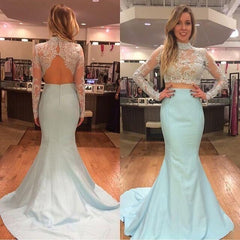 High Collar Mermaid Two Piece Prom Dress Elegant Long Sleeve Lace Evening Dresses