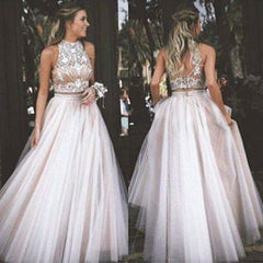 High Collar Two Piece Tulle Evening Dress with Beading A-Line Halter Long Prom Dress CE0108