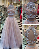 High Collar Two Piece Tulle Evening Dress with Beading A-Line Halter Long Prom Dress CE0108