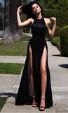 High Neck Front Slits Chiffon Evening Dress Lace Sexy Prom Dress Long