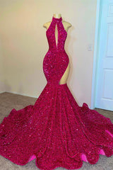 High Neck Fuchsia Sequins Prom Dress Mermaid Sleeveless