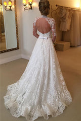 High Neck Lace Open Back Wedding Dress Vintage Long Sleeves Bridal Gown with Bow