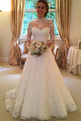 High Neck Lace Open Back Wedding Dress Vintage Long Sleeves Bridal Gown with Bow