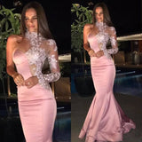 High Neck One Sleeve Prom Dress Pink Mermaid Lace Appliques Evening Gown BA6638