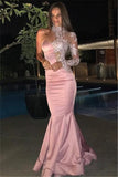 High Neck One Sleeve Prom Dress Pink Mermaid Lace Appliques Evening Gown BA6638