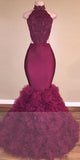 High Neck Open Back Mermaid Ruffles Prom Dress Popular Beaded Lace Sexy Evening Gown BA4761-MQ0044