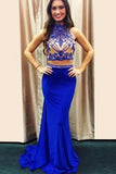 High Neck Royal Blue Two Piece Prom Dress Mermaid Sleeveless Beaded Evening Dresses