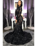 High Neck Shiny Appliques Prom Dresses | Mermaid Long Sleeve Evening Gowns BC4122