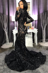 High Neck Shiny Appliques Prom Dresses | Mermaid Long Sleeve Evening Gowns BC4122