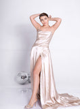 Beautiful A-Line Sleeveless Spaghetti Straps Satin Prom Dresses with Split