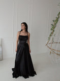 Gorgeous Split Front A-Line Square Neck Spaghetti Straps Satin Prom Dresses with Open Back