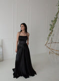 Gorgeous Split Front A-Line Square Neck Spaghetti Straps Satin Prom Dresses with Open Back