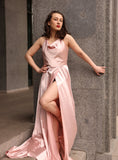 Beautiful A-Line Sleeveless Spaghetti Straps Satin Prom Dresses with Split