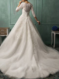 Illusion A-Line Wedding Dress Bateau Lace 3/4 Length Sleeve Bridal Gowns Court Train