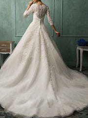 Illusion A-Line Wedding Dress Bateau Lace 3/4 Length Sleeve Bridal Gowns Court Train