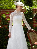 Illusion A-Line Wedding Dress Floral Lace Long Sleeve Bridal Gowns Court Train