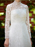 Illusion A-Line Wedding Dress Floral Lace Long Sleeve Bridal Gowns Court Train