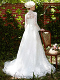 Illusion A-Line Wedding Dress Floral Lace Long Sleeve Bridal Gowns Court Train