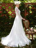 Illusion A-Line Wedding Dress Floral Lace Long Sleeve Bridal Gowns Court Train