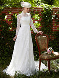 Illusion A-Line Wedding Dress Floral Lace Long Sleeve Bridal Gowns Court Train