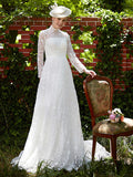 Illusion A-Line Wedding Dress Floral Lace Long Sleeve Bridal Gowns Court Train