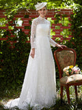 Illusion A-Line Wedding Dress Floral Lace Long Sleeve Bridal Gowns Court Train