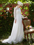 Illusion A-Line Wedding Dress Floral Lace Long Sleeve Bridal Gowns Court Train