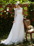 Illusion A-Line Wedding Dress Floral Lace Long Sleeve Bridal Gowns Court Train