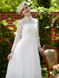 Illusion A-Line Wedding Dress Floral Lace Long Sleeve Bridal Gowns Court Train