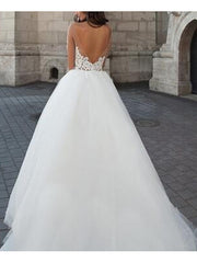 Illusion A-Line Wedding Dress Strapless Lace Tulle Long Sleeve Formal Bridal Gowns On Sale