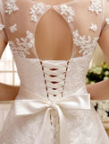 Jewel Sleeveless Lace Appliques Knee-Length Backless Wedding Dresses