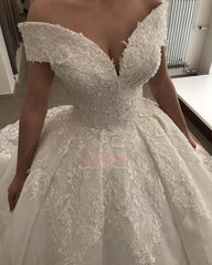 Lace Appliques Ball-Gown V-neck Off-the-shoulder Glamorous Wedding Dresses