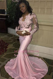 Lace-Appliques Pink Mermaid V-neck Long-Sleeves Long Sweep-Train Evening Dress BA7832