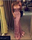 Lace-Appliques Pink Sleeveless Sweetheart-Neck Mermaid Evening Gowns