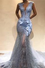 Lace Appliques Sheer Mermaid Lace Prom Dress | Sleeveless Sexy Long Evening Dress