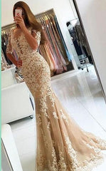 Lace Champagne Mermaid Evening Gowns Half Sleeves Open Back Prom Dresses