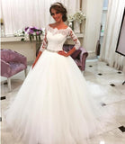 Lace Half Sleeves Ball Gown Wedding Dresses Scalloped Neckline Tulle Skirt Bride Dress with Crystal Belt BA6401