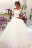 Lace Half Sleeves Ball Gown Wedding Dresses Scalloped Neckline Tulle Skirt Bride Dress with Crystal Belt BA6401